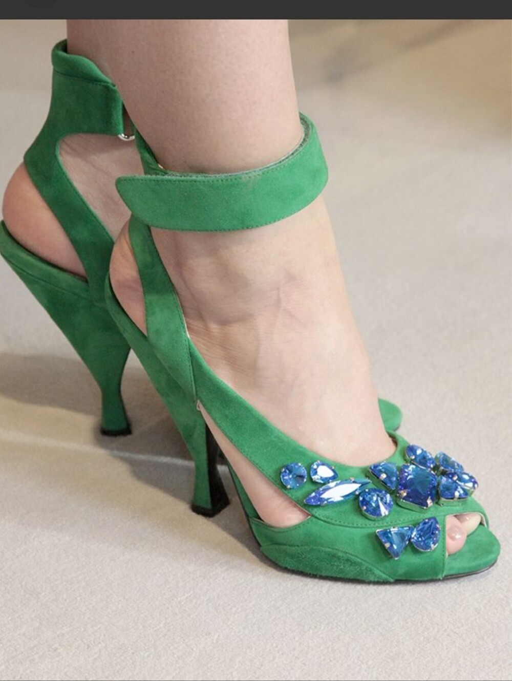 Prada Green Suede Ankle-Strap Gem Embellished High Heels